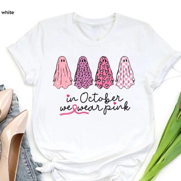 Breast Cancer Ghost Shirt, In October We Wear Pink Halloween Ghost Shirt - Picture 1 of 1